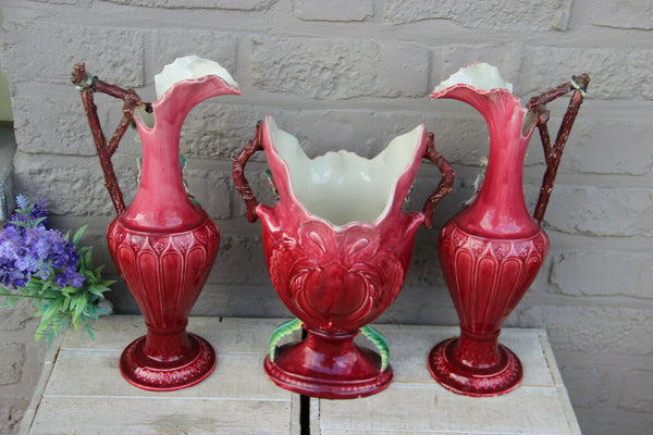 Antique french barbotine majolica set vases centerpiece relief floral decor 1900
