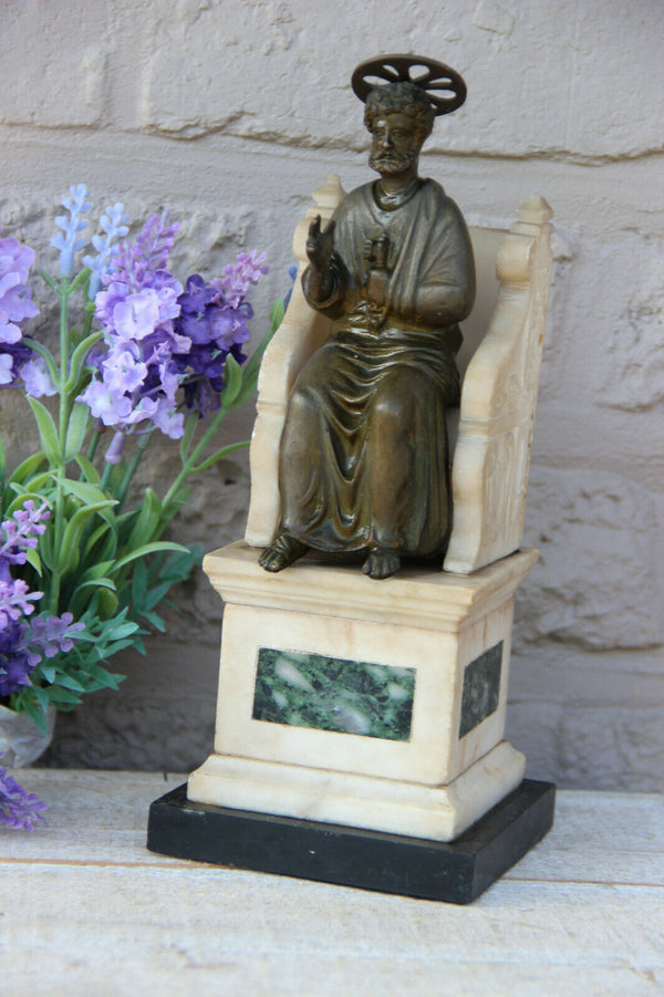 Antique French religious statue saint peter key onyx marble spelter bronze