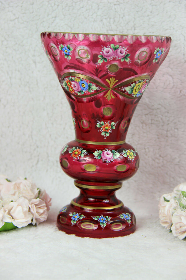 Antique MOSER Bohemia enamel ruby red glass floral VASE
