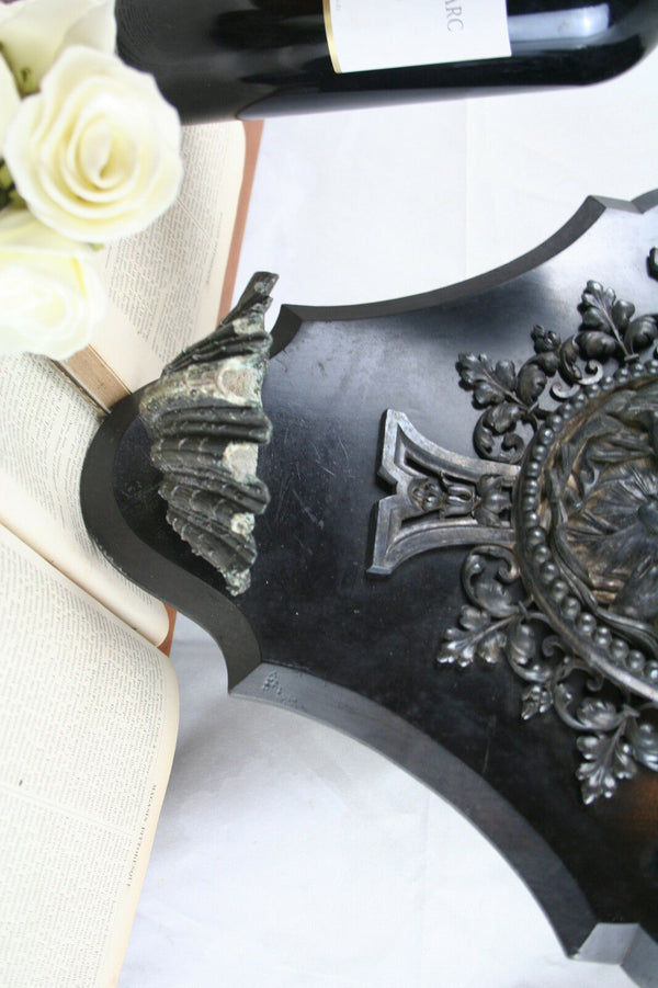 French XL Antique Holy water font spelter Jesus christ French 19th c wood plaque