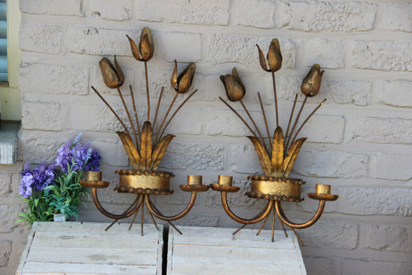 PAIR hollywood regency metal gold gilt tulip rose floral sconces candle holders