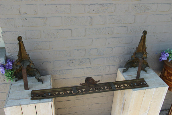 French antique bronze Fireplace andirons Set Lions gothic castle theme 19th c