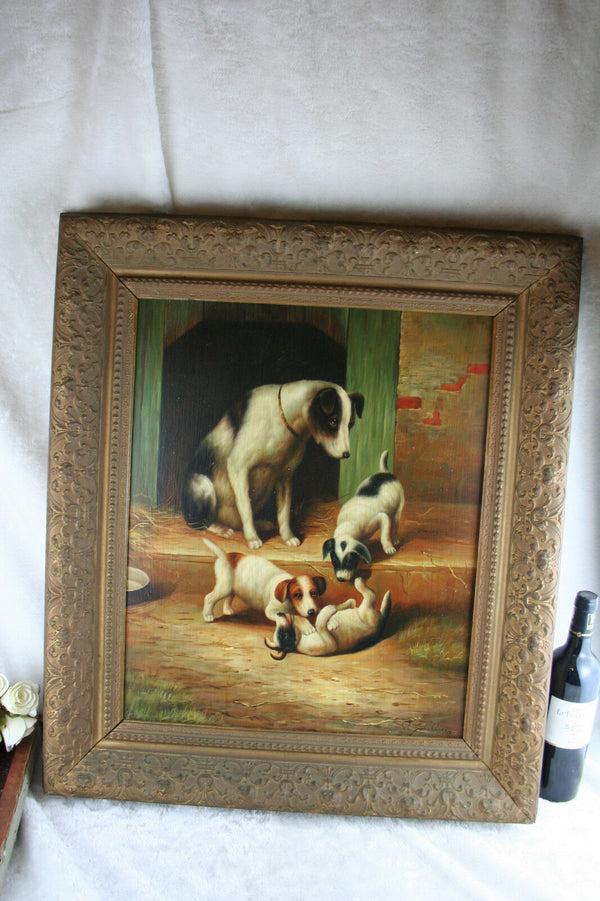 Gorgeous Flemish school Oil panel painting Dog with puppies playing signed 1930