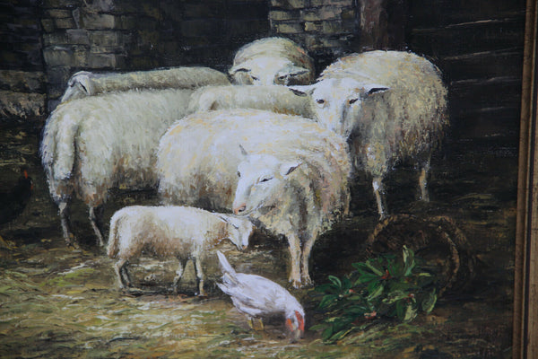 Flemish Animal sheep chicken farm scene oil canvas painting 70s signed