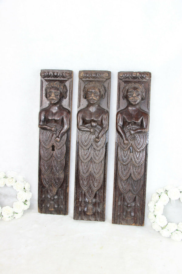 Antique 3 x French wood carved Cabinet panels male figurine holding attributes