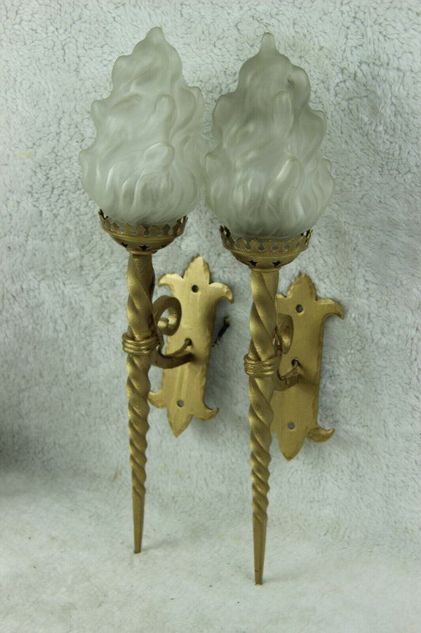 PAIR French cast iron gothic castle Flame shade sconces Wall lights 1950
