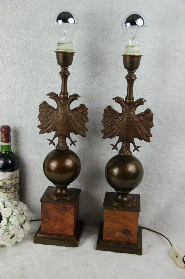 Mid century PAIR empire double eagle bronze metal wood lamps 1960