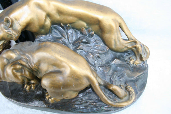 Large ART deco 30's Chalkware gold patina Tiger Panther Couple on the hunt