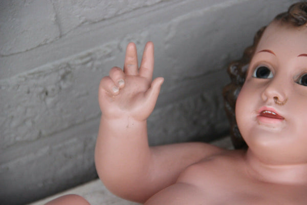 Antique rare XL Baby Jesus Terracotta polychrome glass eyes figurine nativity