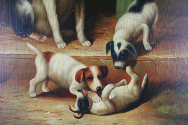 Gorgeous Flemish school Oil panel painting Dog with puppies playing signed 1930