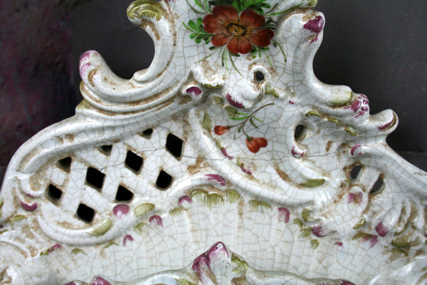 French vintage Majolica Biscuit Craquele Wall Antique Letter holder Flowers