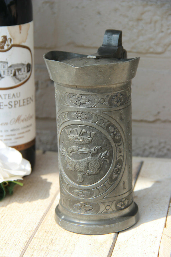 Antique 18thc very old FLEMISH pewter jug marked gothic castle animal