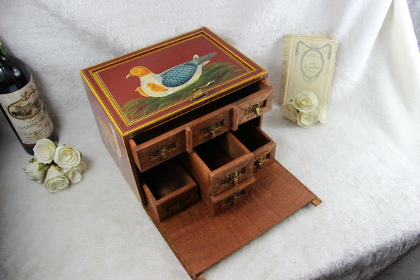 Rare French handmade paint birds Wood carved jewelry Box drawers inside 1970