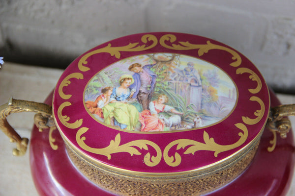 French Limoges burgundy Red victorian scene porcelain Box marked