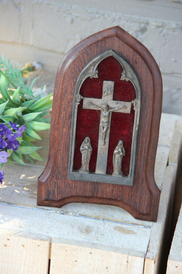 Antique French crucifix wood framed mary maria magdalena religious