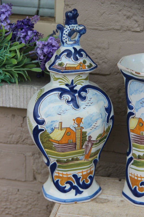 Antique 19th De Klauw Delft polychrome pottery marked set 5 vases farm scene