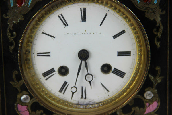 Antique Napoleon III portico clock black lacquered inlaid 19thc