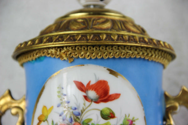 Antique French vieux paris porcelain floral lamp pastel blue