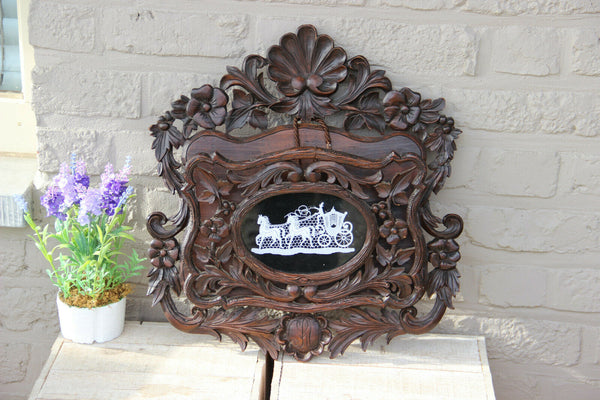 Antique XL Black Forest Wood carved letter holder Bruges LAce carriage 1881