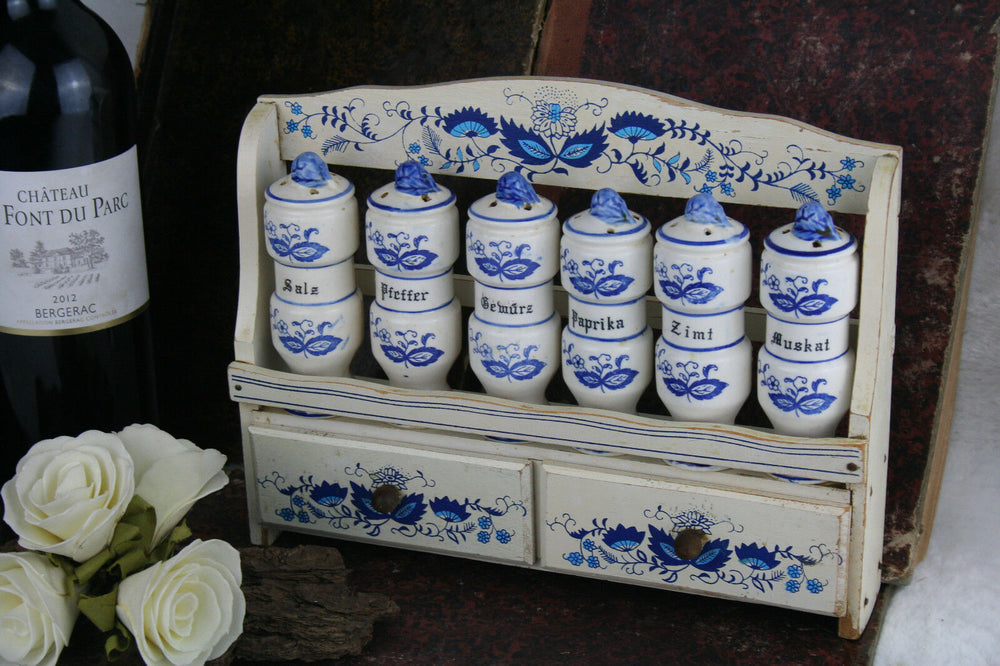 Vintage 70's  Kitchen rack wood delft blue white pottery  6 shakers  herbs