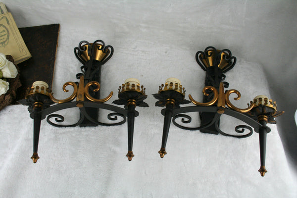 PAIR cast iron metal gothic castle  French 1960s Vintage Sconces wall