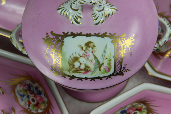 Rare French Porcelain Centerpiece Vase Tray Set putti floral pink limoges marked