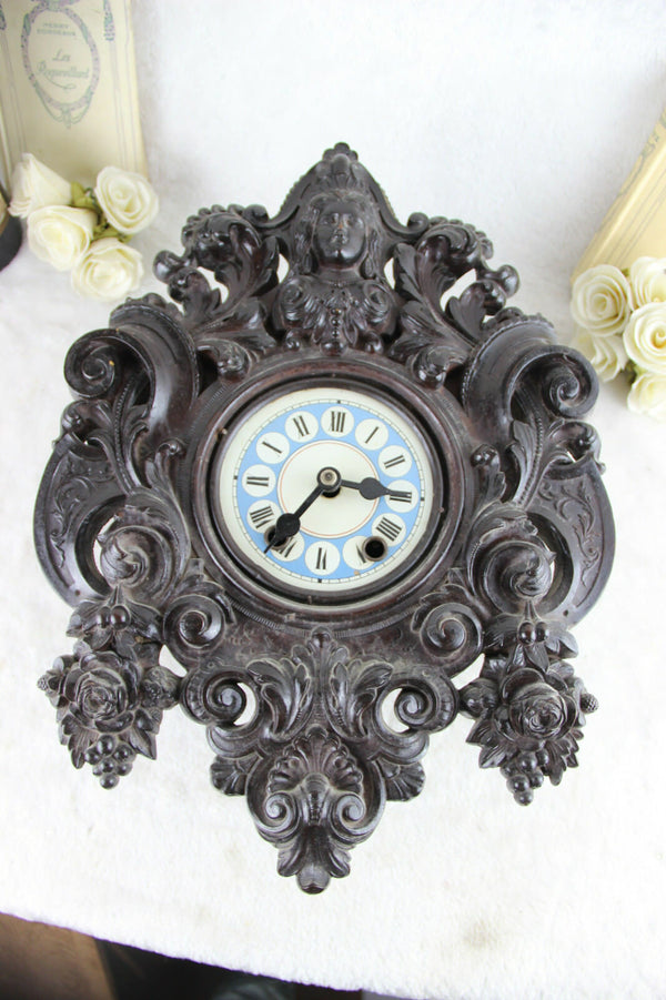 RARE Antique BLACK FOREST wood carved german wall clock caryatid lady head