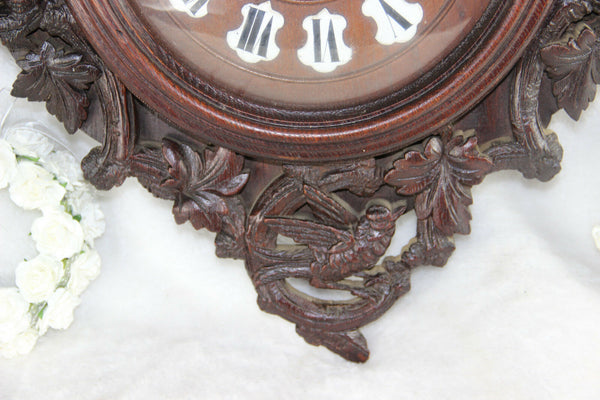 Antique XIX German black forest Wood carved Birds hunting wall clock