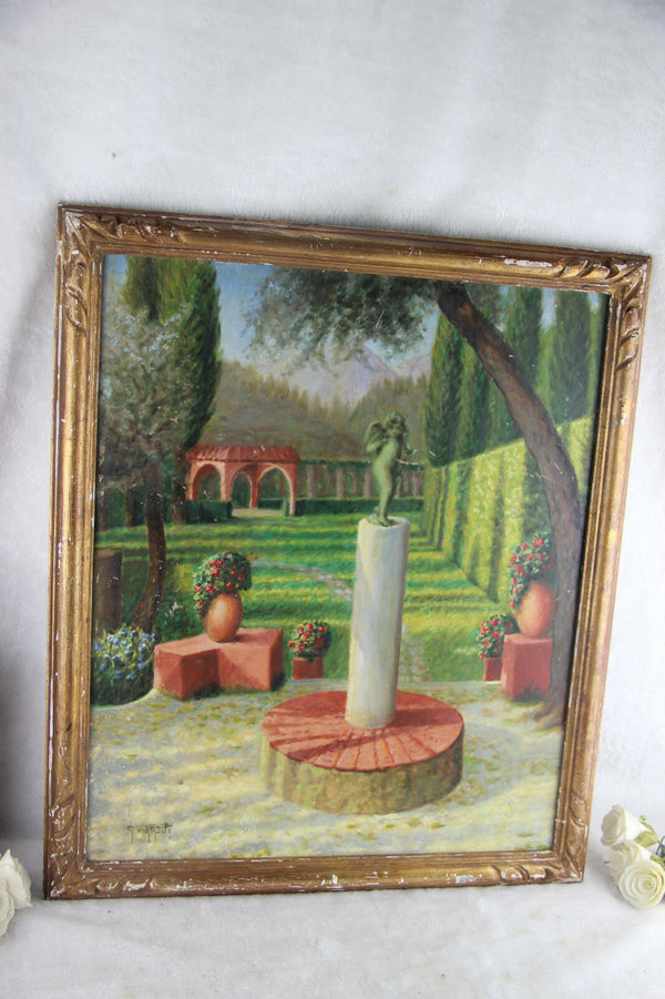 Georges Emile Viardot (1888-1965) oil hardboard painting angel putti in garden