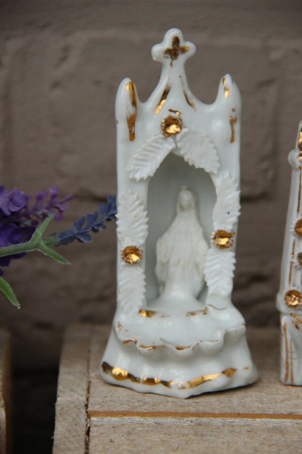 Set 4 antique French porcelain holy water font chapel madonna figurine