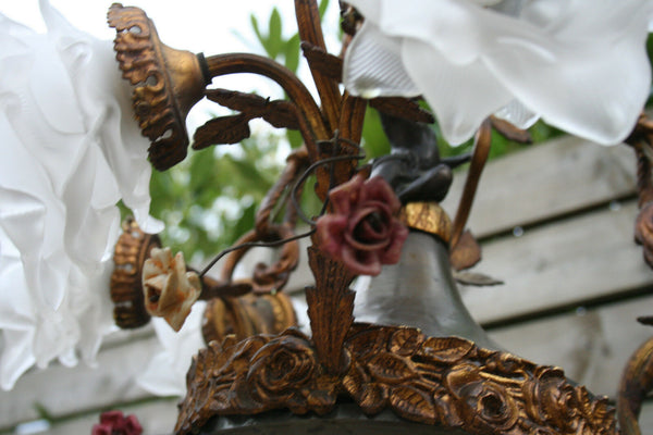 Antique French Empire style Bronze Brass tole putti angel Chandelier porcelain