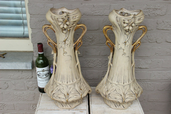 XL Pair ROYAL DUX bohemia porcelain Art nouveau 1900 vases grapes floral rare