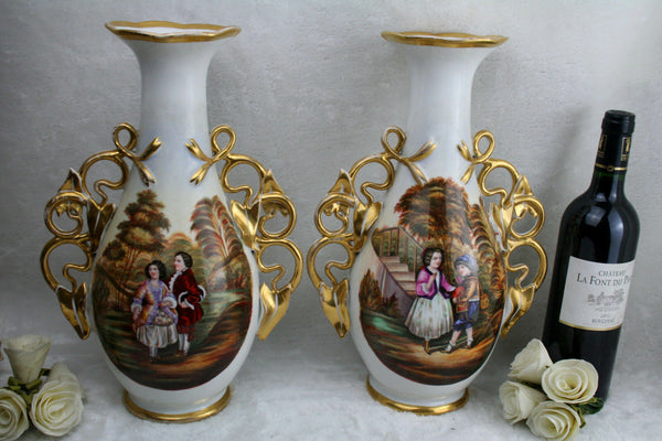 Exclusive Antique 19thc French vieux paris porcelain vases romantic scene rare