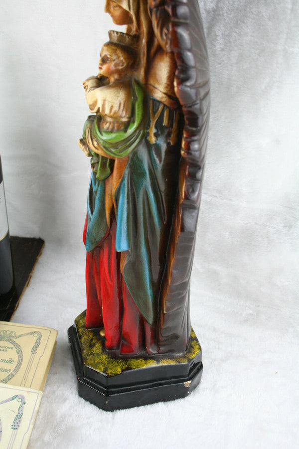 Antique XL  French Madonna with child angel cherubs plaster polychrome statue