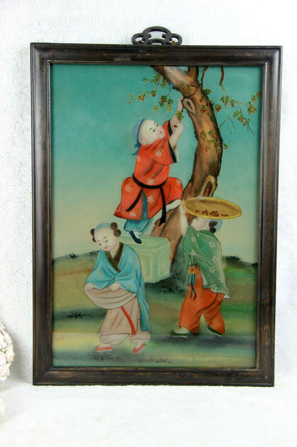 Chinese EGLOMISE Reverse glass painting children fruit picking rare