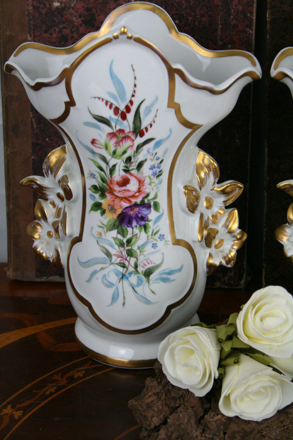 PAIR exclusive French Paris porcelain Cornet Vases 1900 floral