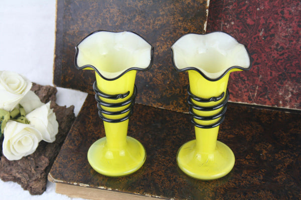 Set of 2 Vintage opaline glass yellow coloured black snake 1960's