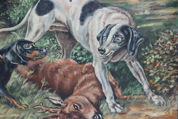 Large Flemish oil on panel hunting dog deer hunt painting signed 1948