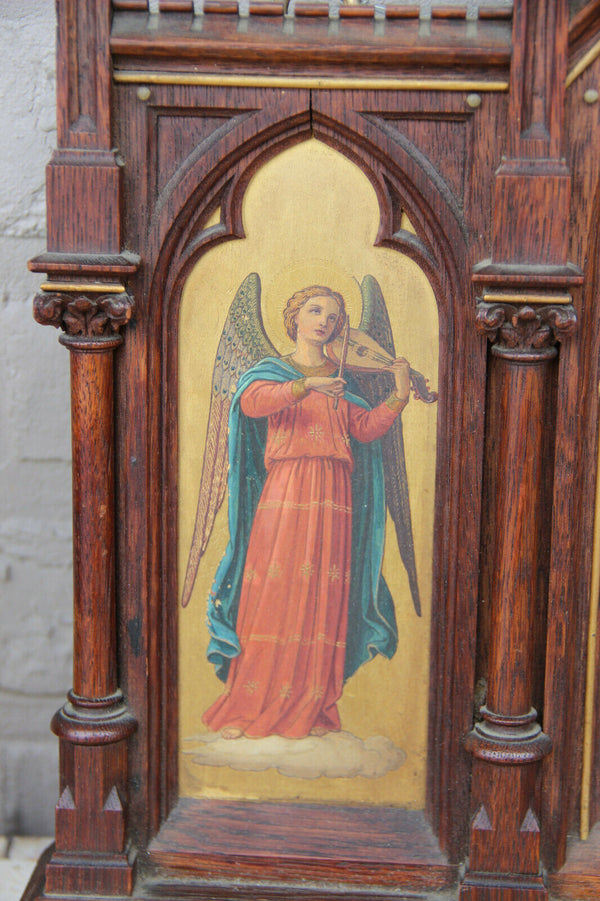 Antique Neo gothic religious Tryptique oil panel angel Gabriel mary Annunciation