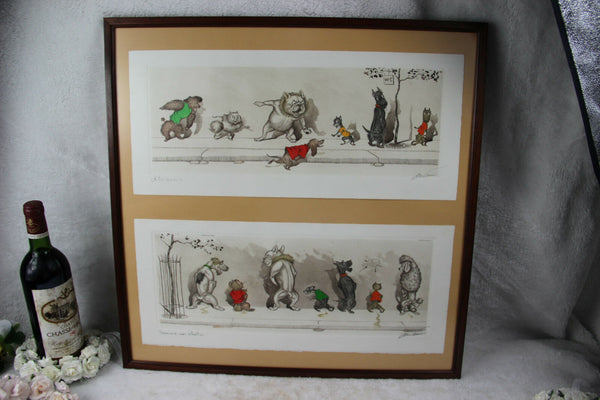 Framed set 2 Boris O Klein hand paint watercolour dog engravings