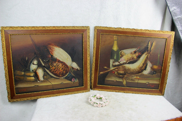 PAIR antique French 19thc Oil canvas Stil life hunting hunt rabbit bird