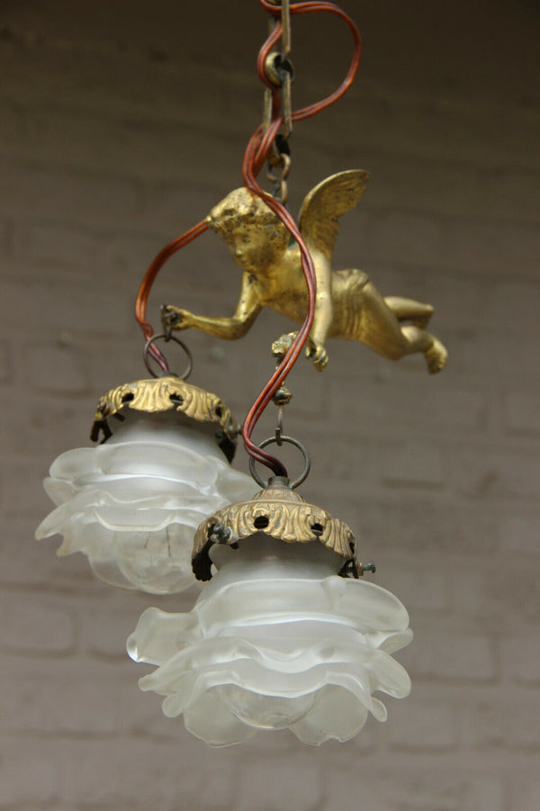 French Antique Bronze Angel putti tulip shade pendant lamp candelier