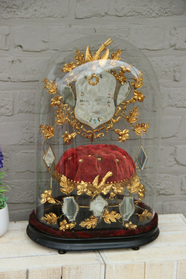 Antique Victorian Bridal wedding dome Globe Glass mirror enamel bird