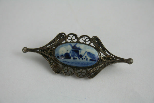 Exclusive 1930 Delft blue white pottery Brooch jewelry marked DELFT
