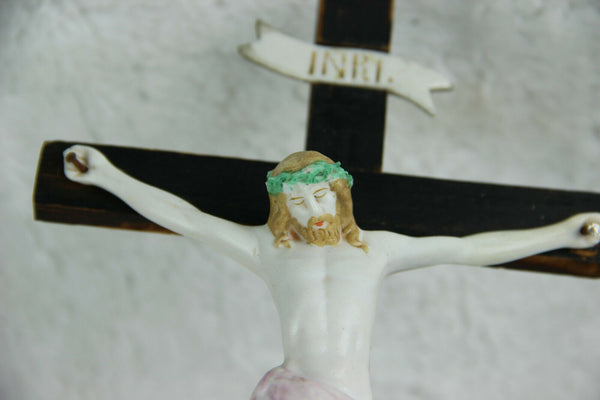 Antique Religious vieux paris  porcelain Crucifix Cross christ Mary magdalena