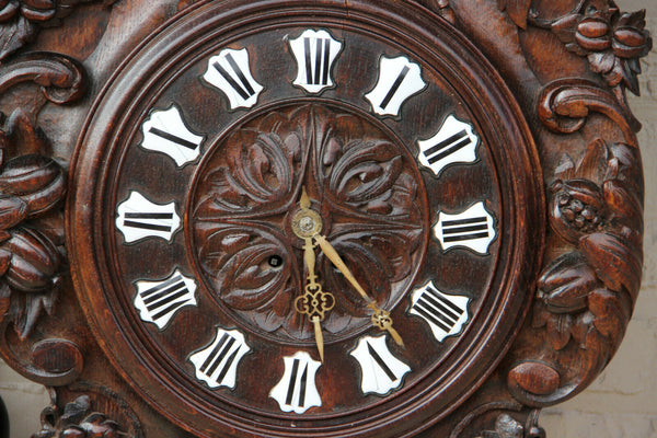 XL Top antique BLACK FOREST wood carved Wall clock Floral decor