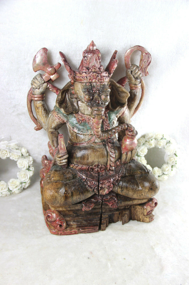 RareLarge  Antique Wood carved polychrome GANESHA figurine statue god hindu