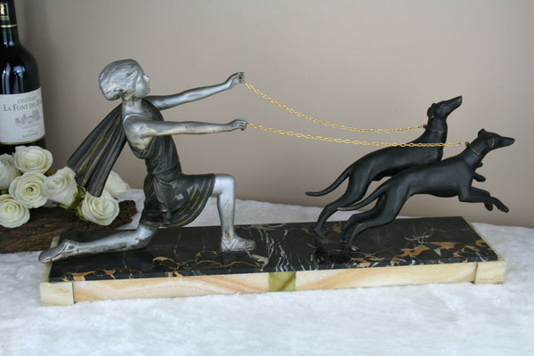 Art deco French spelter Group Lady dogs whippets marble base statue sculpture