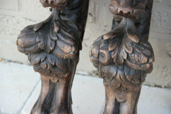 XXL Antique  PAIR oak wood carved hunting table dragon gothic legs figurines n2