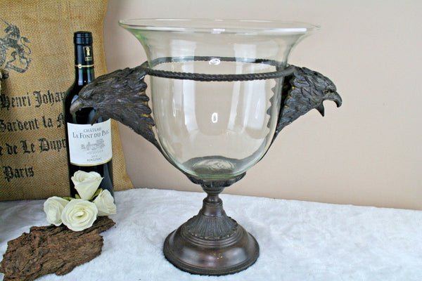 French 1970 cast spelter bronze eagle handles glass centerpiece bowl
